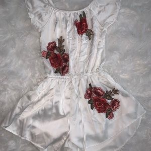 Satin White Romper with Rose Embroidery